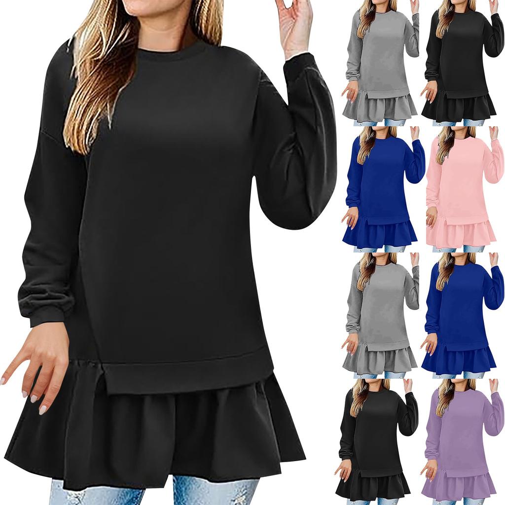 Women's Fashion Casual Loose Long Sleeve Ruffle Mid-Length Solid Color Sweatshirt