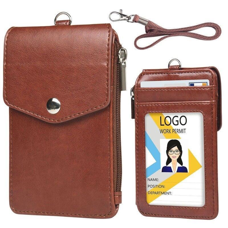 Multi-card Slot Student ID Credit Card Badge Cover PU Leather Work Card Holder Coin Zipper Bag Card Sleeve Wallet with Lanyard