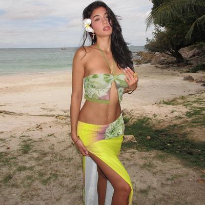 New Women's Clothing Personalized Mesh Printing Halter Neck Camisole Sexy Slit Skirt Suit