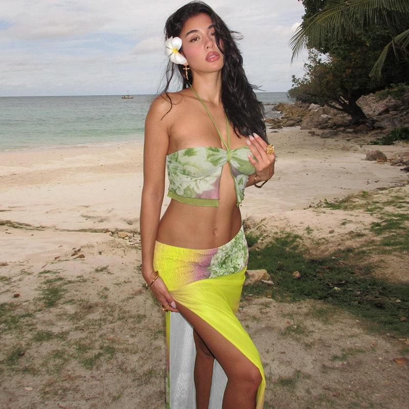 New Women's Clothing Personalized Mesh Printing Halter Neck Camisole Sexy Slit Skirt Suit