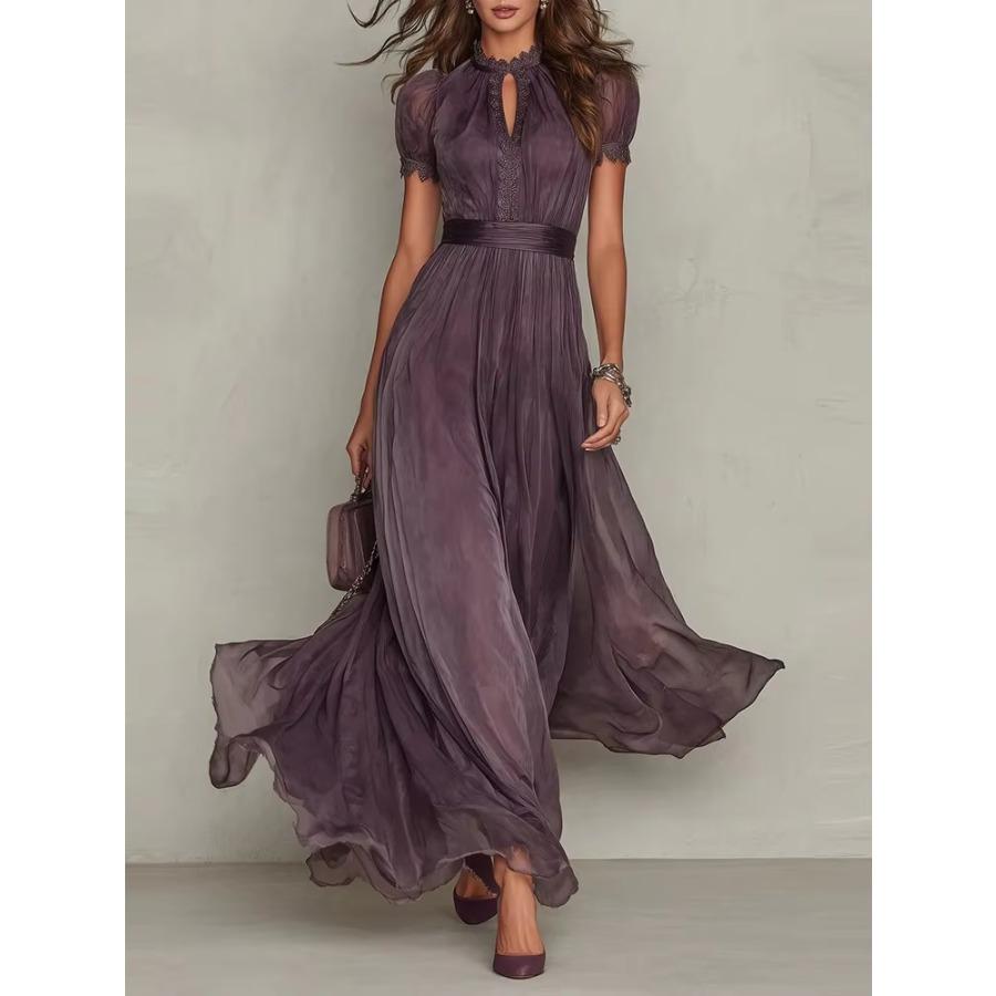Vintage Vollspitze A-Linie Langes Kleid Damen O-Ausschnitt Hohe Taille Falten Partykleid Sommer Kurzarm Fließende Maxikleider
