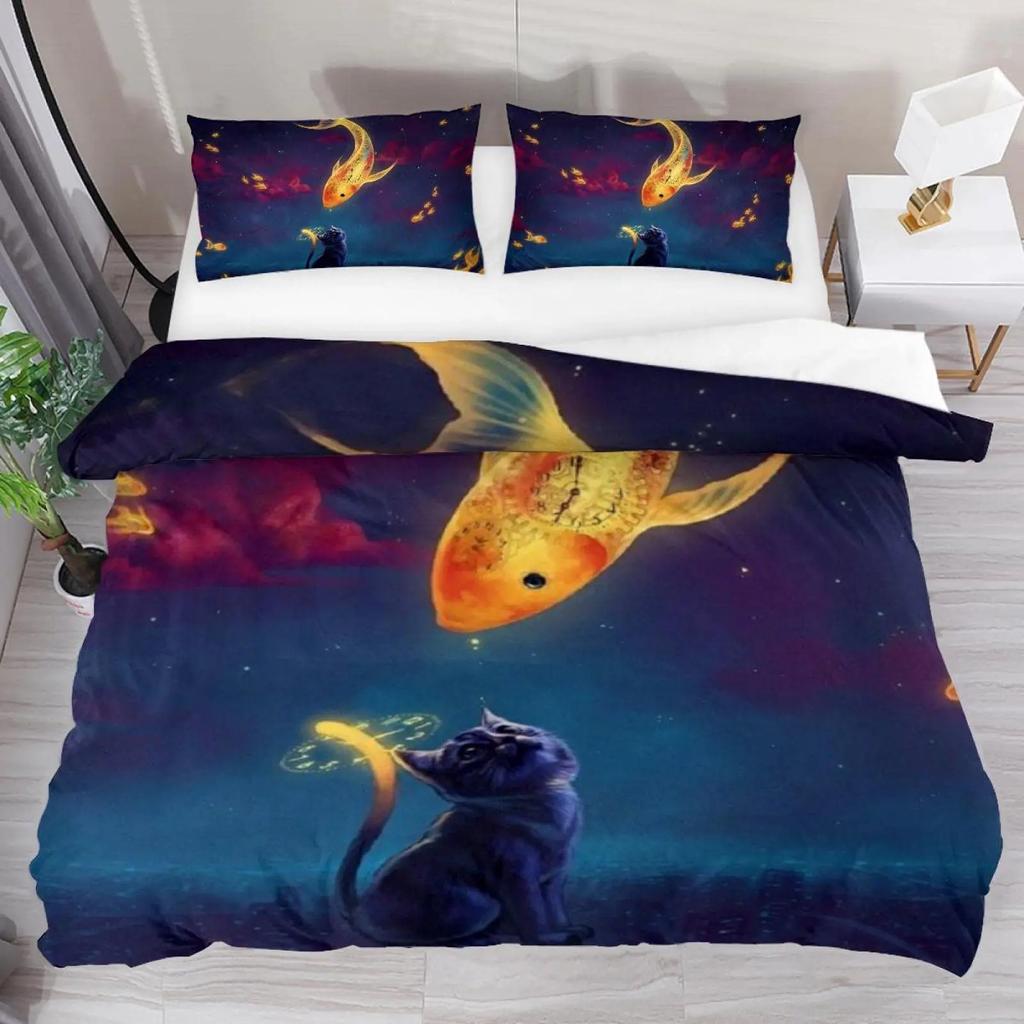 Japanese Duvet Cover Koi Carp Couple Swimming Cherry Blossom Branch Culture Design For Bedroom Decorative Orange Grey Women Men