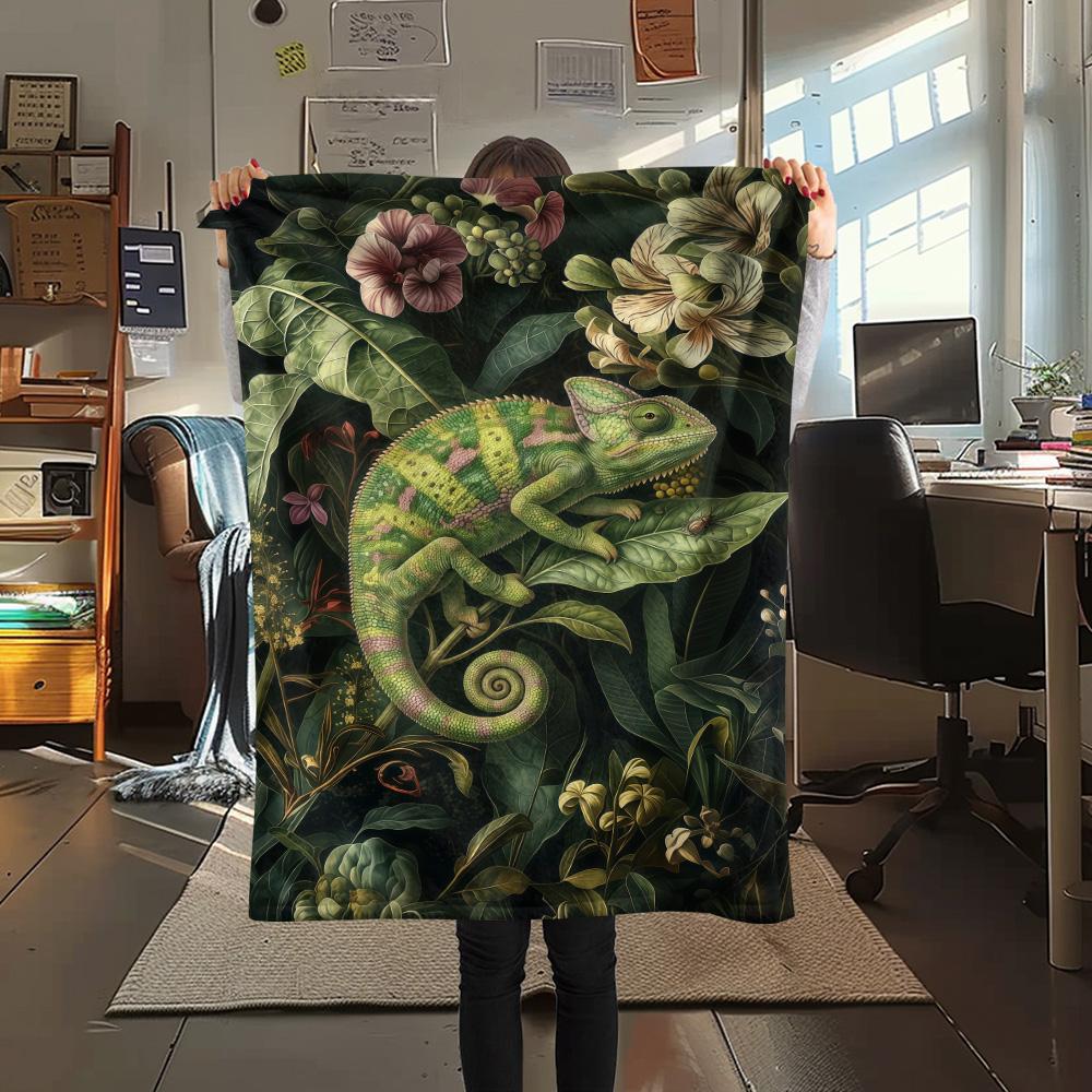 1PC Cute Chameleon Print FlAannel Blanket, High quality Comfortable for All Seasons, Home Decor, Warmth and Comfort