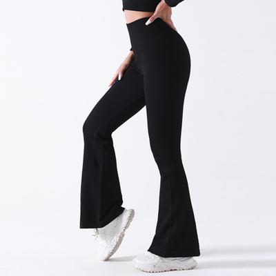 Women Yoga Pants High Waist Leggings Solid Color Compression Elastic Butt-lifted Seamless Flared Hem Tummy Control Sports Trousers