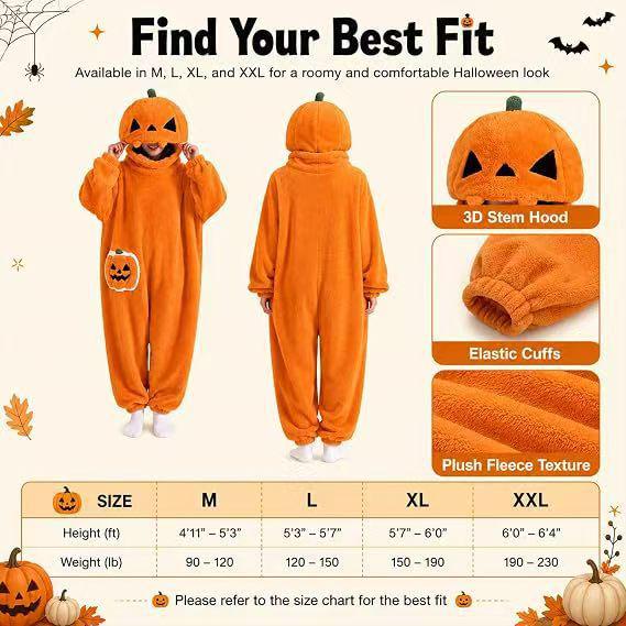 Pigiama Intero in Pile Corallo Autunno/Inverno con Zip - Spesso, di Velluto e a Tema Halloween per Uso Interno ed Esterno