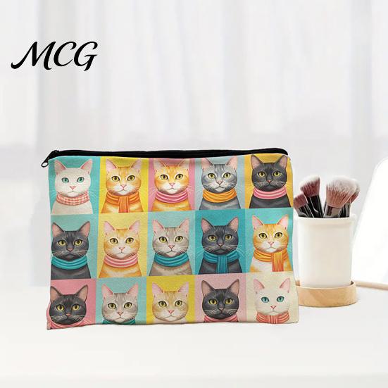 Leak-proof Storage Pouch Cat Printed Bag, with Smooth Zipper, Thickened Polyester Black Zipper Bag Makeup Multipurpose Pencil Case Travel Toiletry