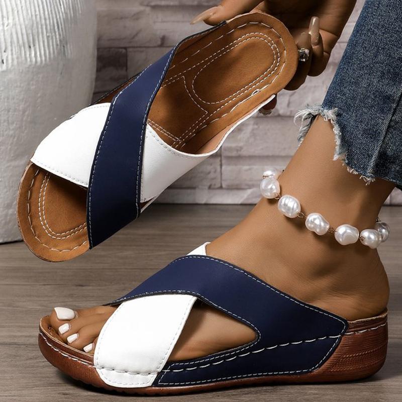 Fashion Summer Leather Wedge Slippers for Women 2025 Non-Slip Cross Strap Platform Woman Slides Soft Bottom Plus Size Women Slippers