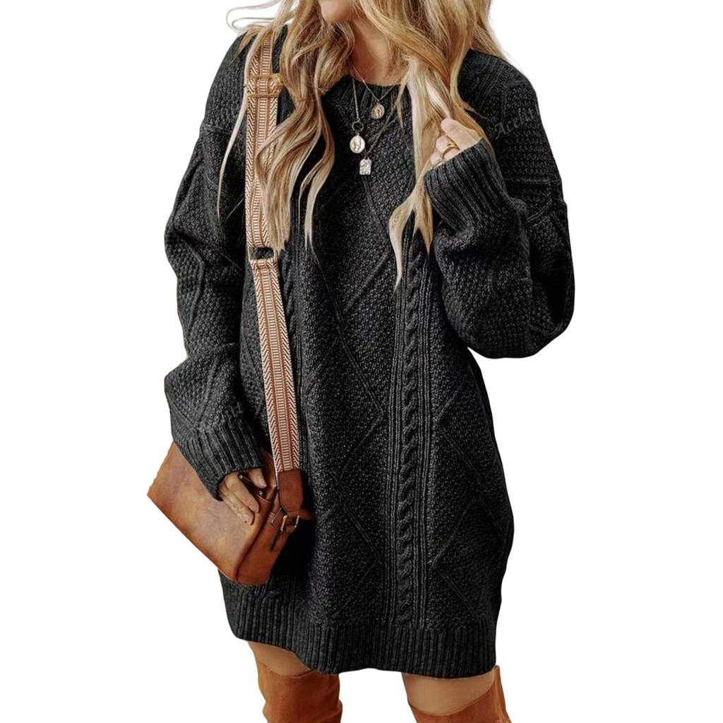 Women's Fashion Loose Cable Knit Long Sleeve Pullover Sweater Dress