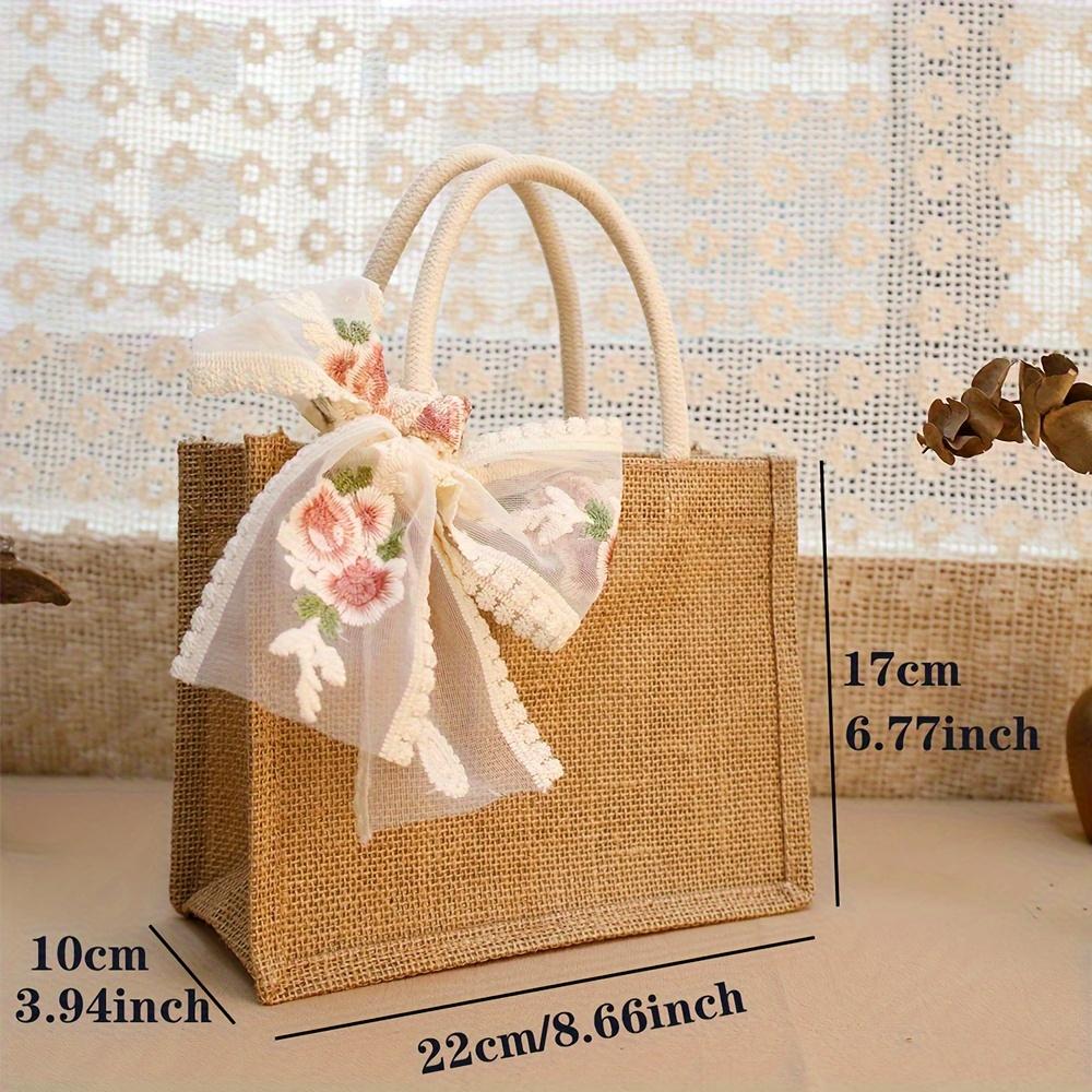 Burlap Tote Bag with Lace Ribbon Reusable And Durable, Jute Gift Handbags for Wedding Bridesmaid Grocery Shopping Birthday Party