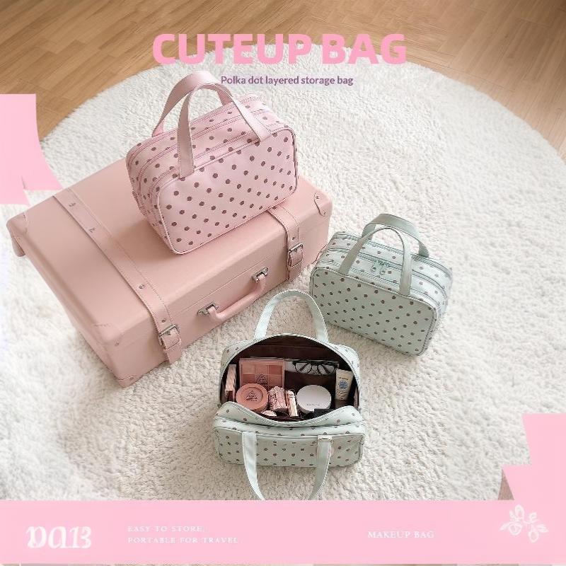 Polka Dot Cosmetic Bag Large Capacity Pu Waterproof Travel Toiletry Organizer Three-Layer Partition Travel Storage Bag