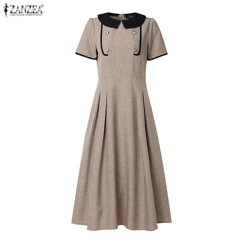 ZANZEA Women Casual Doll Collar Summer Short Sleeve Elegant A-line Dress