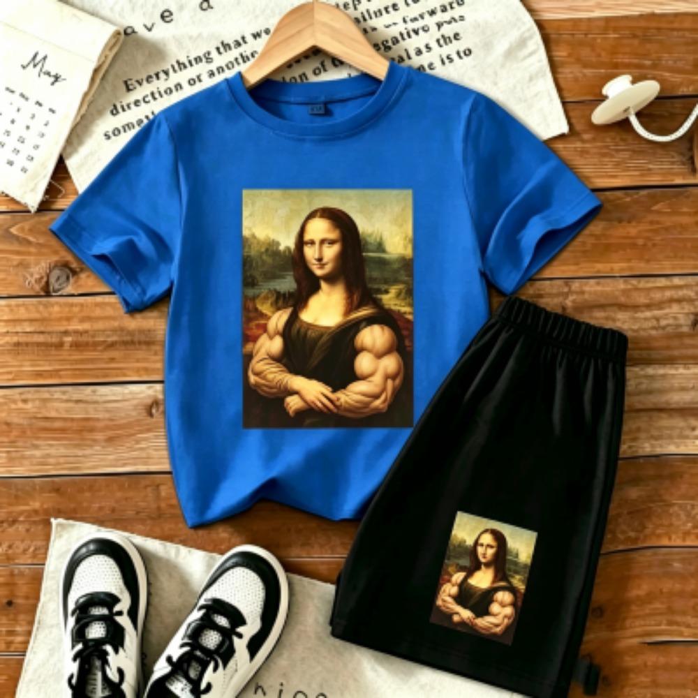 Muscular Woman Printed 15 Colors Outdoor Street men's T-shirt and Shorts 2 Piece Set Summer Home Casual Outfit Men and Women's Sports Set