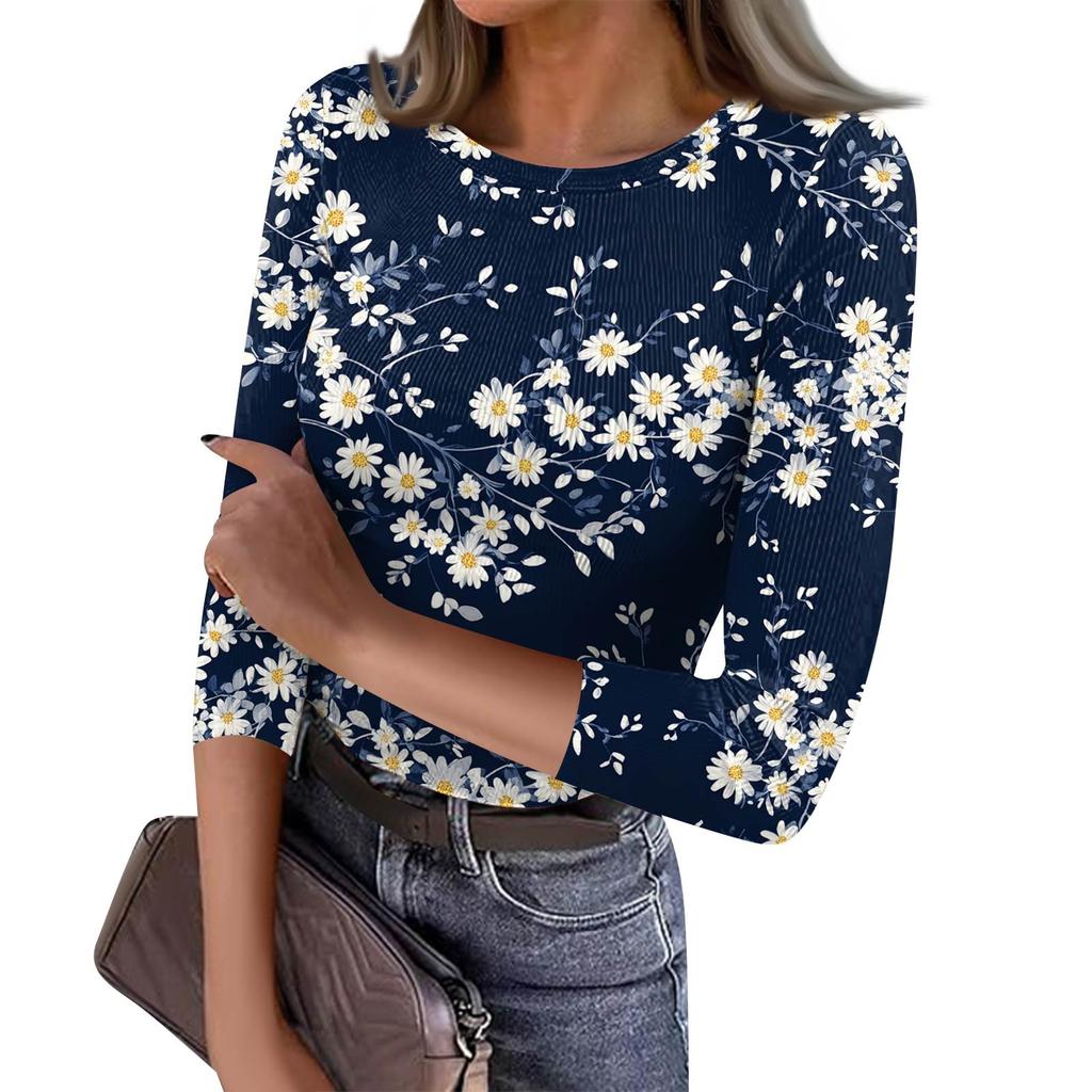 Women's Slim Bottom T-shirt Fashion Casual  Printed Round Neck Pullover Seven Sleeve Top