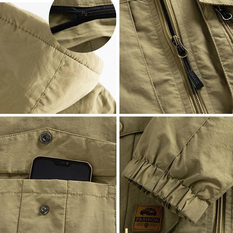 Mens Spring Autumn Outdoor Casual Windproof Baggy Jacket Men Waterproof Detachable Hat Multiple Pockets Trench Coats