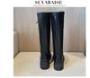 Women's Black Leather Thigh-High Lace-Up Platform Boots - Over-the-Knee, Height-Enhancing, Riding Martin Style