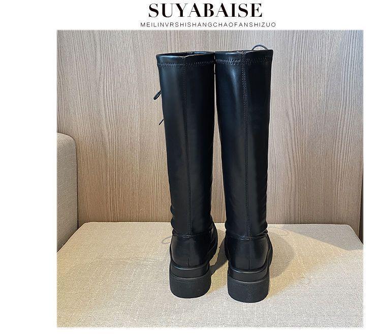 Women's Black Leather Thigh-High Lace-Up Platform Boots - Over-the-Knee, Height-Enhancing, Riding Martin Style