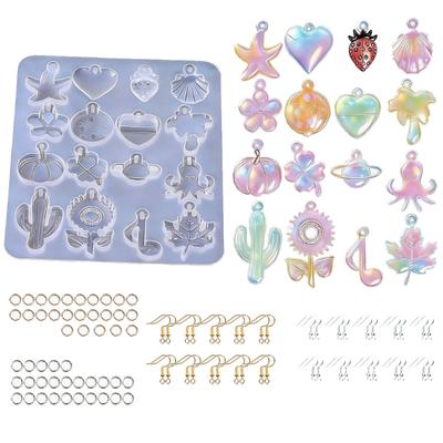 DIY Pendant Mold Kit for Resin Jewelry Making, 16 Cavity Silicone Casting Mold with Assorted Shapes, Jump Rings and Earring Hooks Included