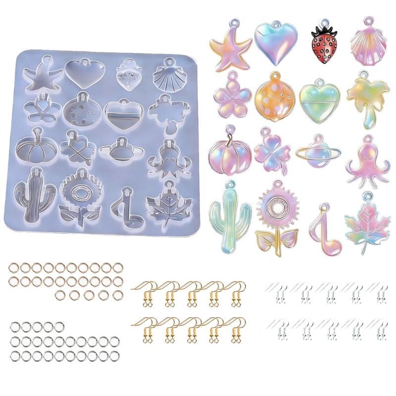 Earring Charm Resin Mold Set, 16 Cavity Silicone Tray for Pendant Casting, Jewelry Making Kit with Assembly Findings for DIY Projects