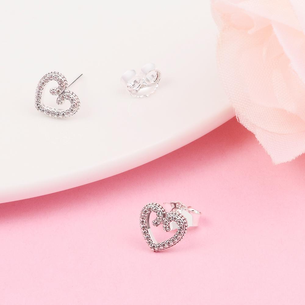 925 Sterling Silver Jewelry Clear CZ Heart Swirls Stud Earrings for Women Silver S925 Earings Pendientes Mujer