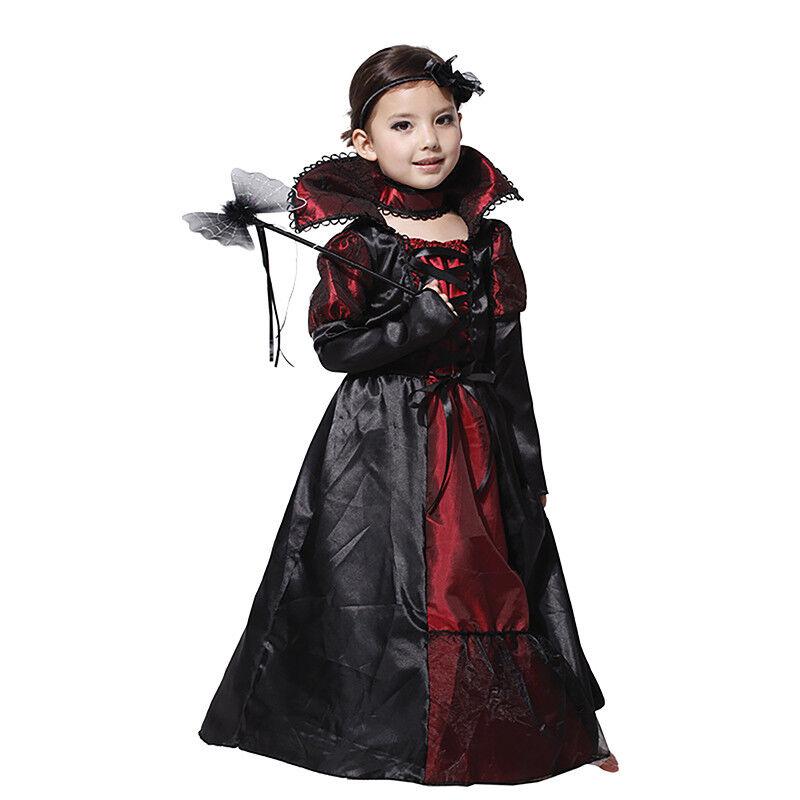 Vampire Costume Maxi Long Dress Kids Girls Halloween Witch Fancy Dress Party