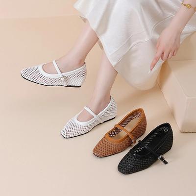 Moda Retro 2025 Nuevos Zapatos Planos Casuales para Mujer Verano Mary Janes de Punta Cuadrada con Tira de Hebilla de Malla Suela Suave Cómodos Zapatos Lisos para Dama