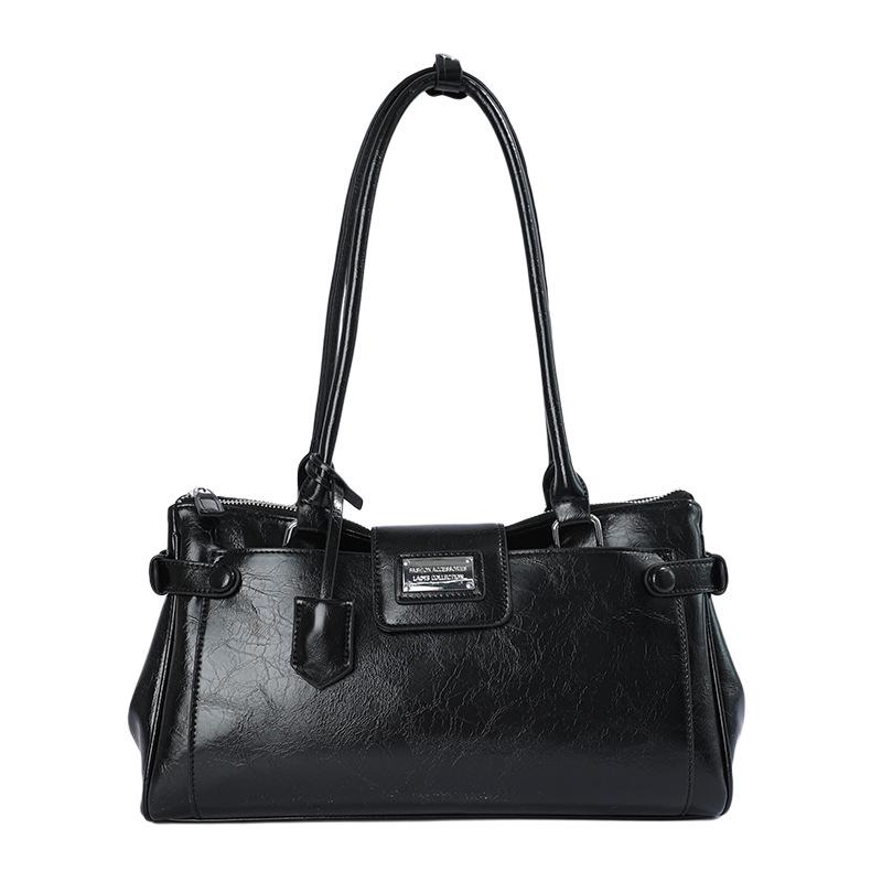 Vintage Retro Leather Baguette: High-capacity Lock Briefcase Handbag