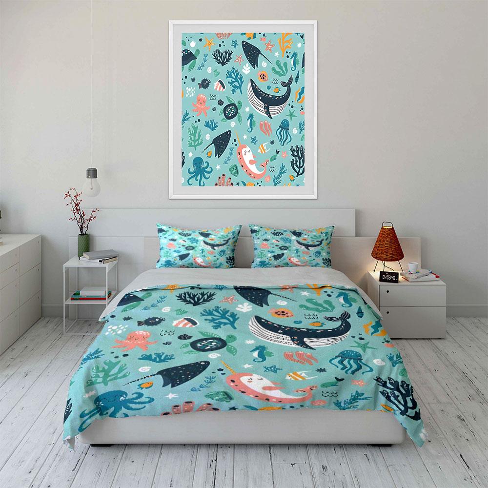Set Biancheria da Letto a Tema Animali Marini Varie Misure Camera da Letto per Bambini e Adulti Raffinato Set da 3 Pezzi, Regalo