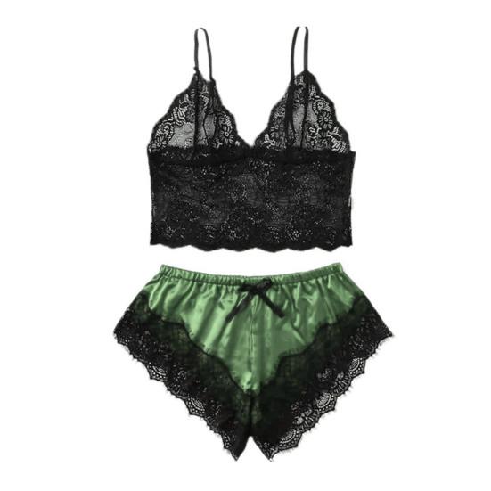 2 Pcs/Set Lady Pajamas Satin Bow Sleeveless Crop Top See-Through Lace Patchwork