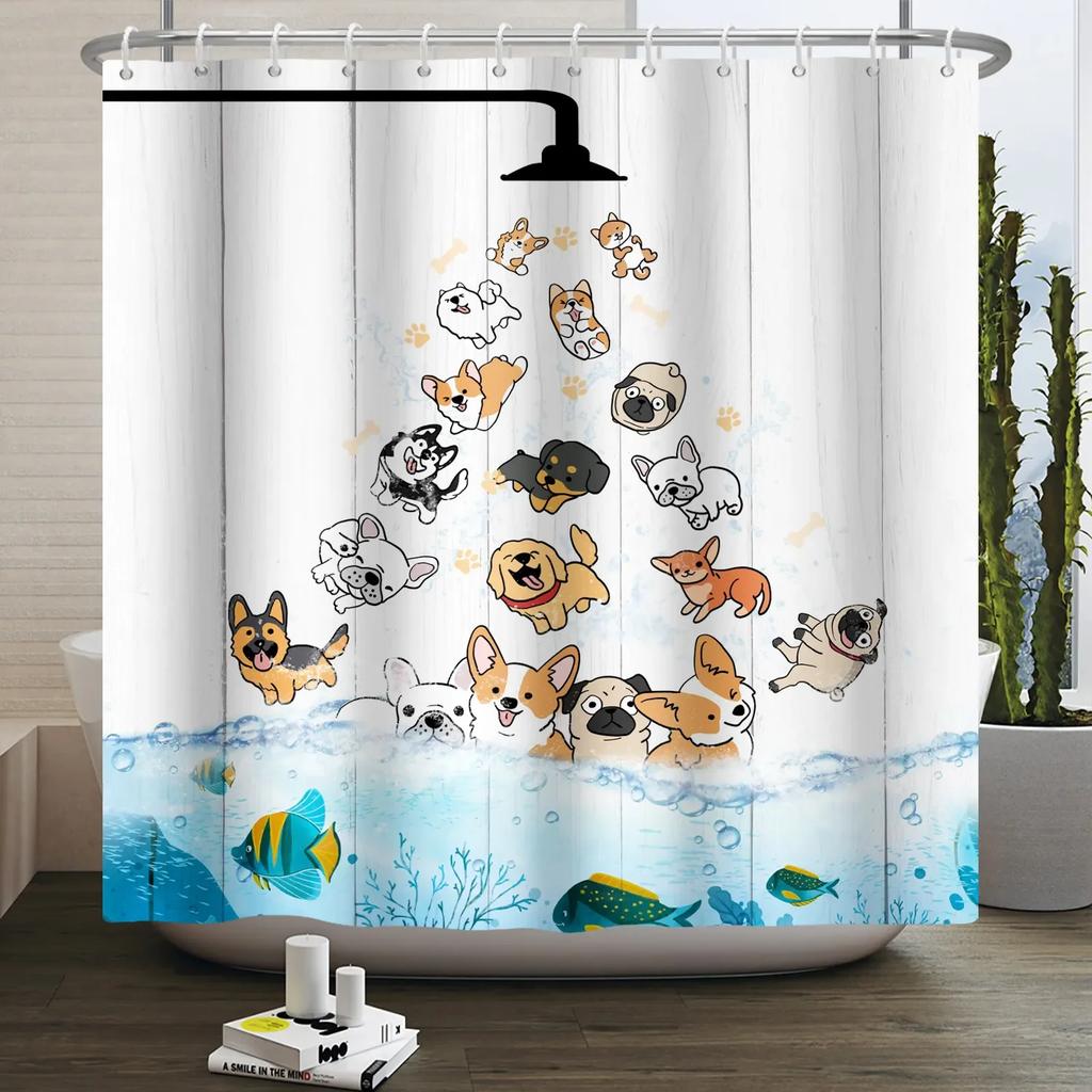 Funny Cat Shower Curtain Cartoon Cute Cats Dog Kids Shower Curtain for Bathroom Waterproof Polyester Home Decor Shower Curtains