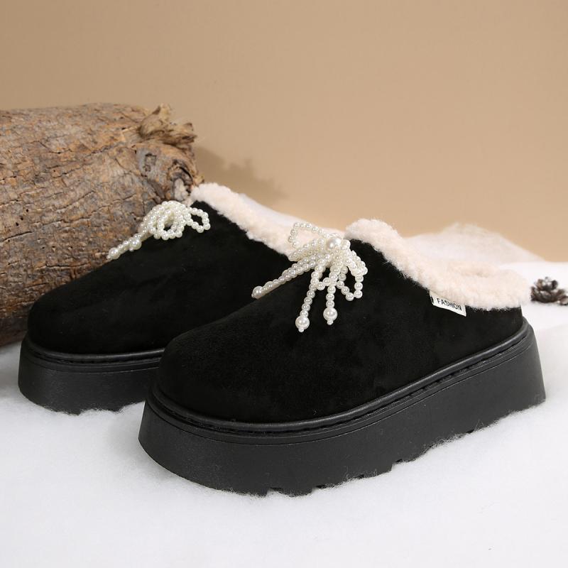 Chunky Platform Wedge Heel Furry Outdoor Slippers Women 2025 Winter Thick Bottom Plush Mules Slippers Sweet Pearl Bowknot Slides