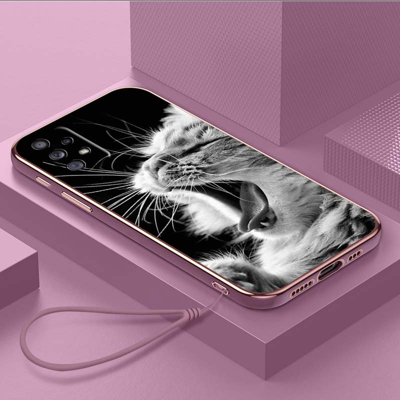 Luxury Plated TPU Phone Case With Lanyard for Samsung Galaxy A04 A05s A13 A14 A24 A54 A34 Note20 S23 Ultra Cases A41 Cool Cat Black Design Art Cover