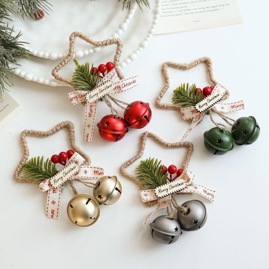 Christmas Jingle Bell Rustic Iron Door Hanging Star Bell with Bow Pine Picks Red Berry for Christmas Wreath Gift Wrapping Craft Home Decor