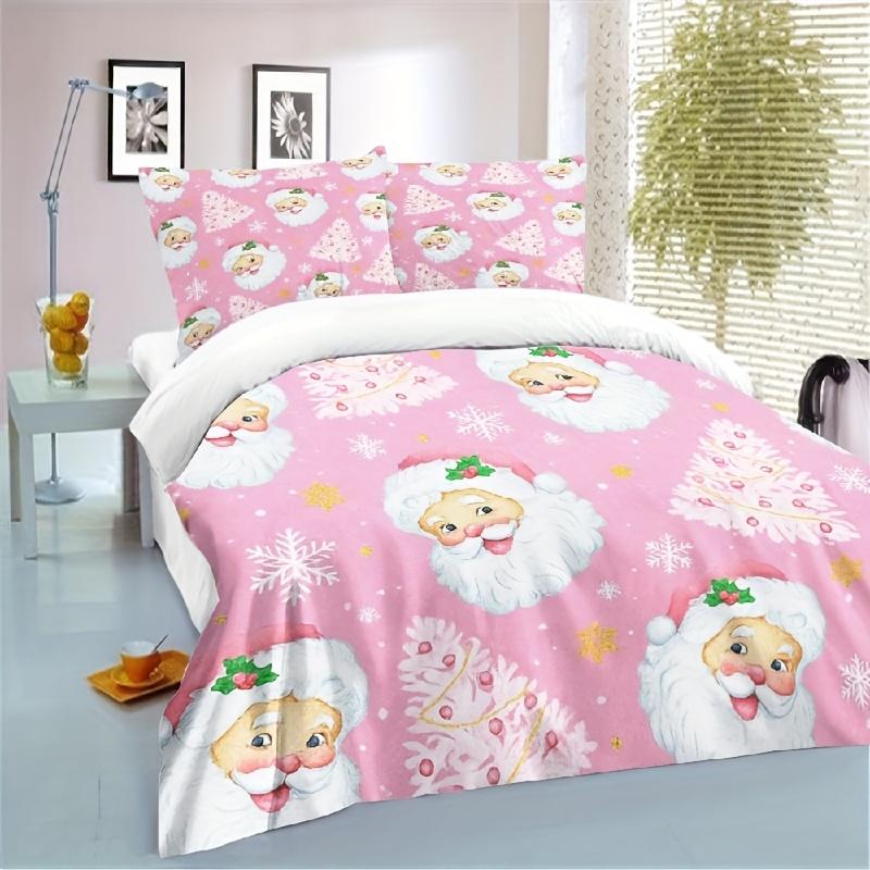 3-teiliges Weihnachts-Quilt-Set Rosa Weihnachtsmann Bettwäsche Weiche Mikrofaser Bettbezug Winterurlaub Schneeflocke Weiß Baum Muster
