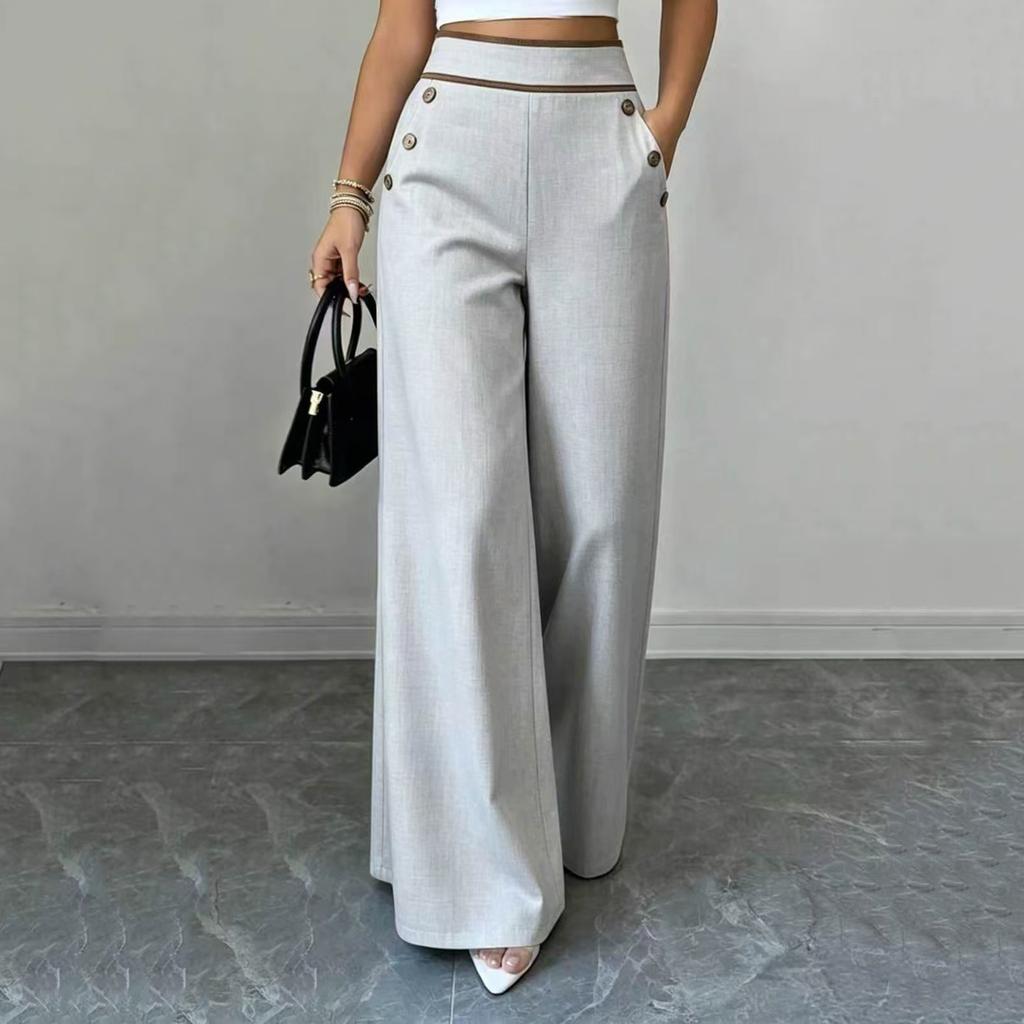 Women High Waist Wide Leg Pants Button Detail Straight Leg Casual Trousers Lightweight Loose Fit Bottoms for Everyday Wear