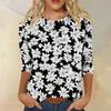 Women's Casual Round Neck Three Quarter Sleeve T Shirt Floral Print Lightweight Comfortable Top for Everyday Wear