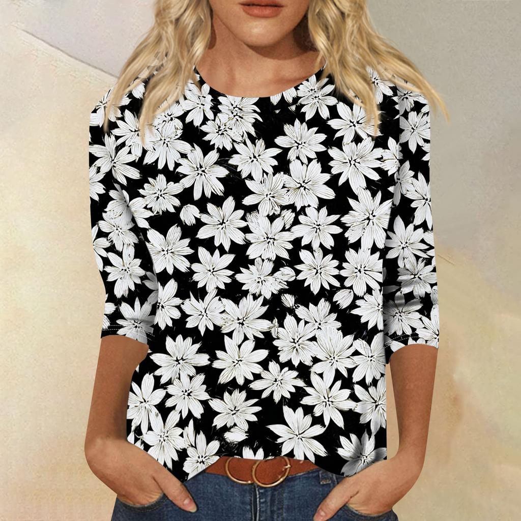 Women's Casual Round Neck Three Quarter Sleeve T Shirt Floral Print Lightweight Comfortable Top for Everyday Wear