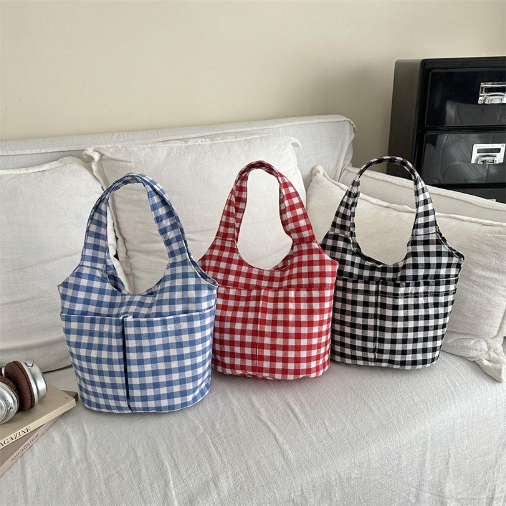 Fashion Red Plaid Tote Bag Large Capacity Shoulder Bag Lightweight Canvas Vest Bag  Storage Bag