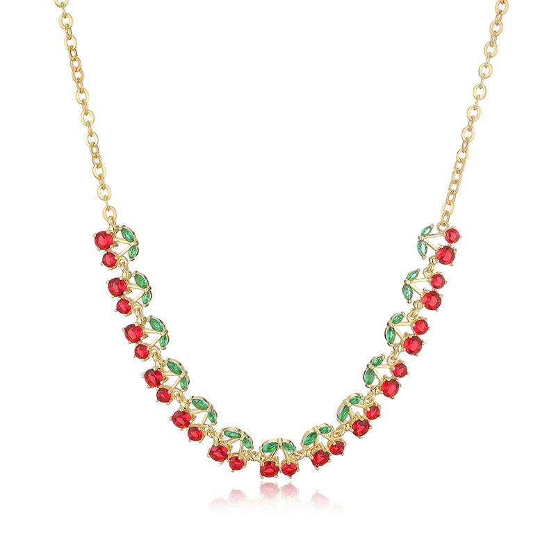 HECHENG,Wine Red Cherry Golden Pendant Necklace Bracelet Women's Personalized Collarbone Chain Zircon Birthday Gift
