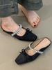 Modische Damen-Sandalen 2026 Neue Schleife Strass Outdoor-Hausschuhe Faltbar Quadratische Zehenpartie Elegant klobige Absätze Damen Sommerschuhe