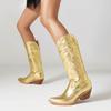 Fashion IPPEUM Silver Metallic Cowboy Boots Knee High Embroider Chunky Heel  Cowgirl Shoes Mid Calf Western Botas Cowboy Mujer