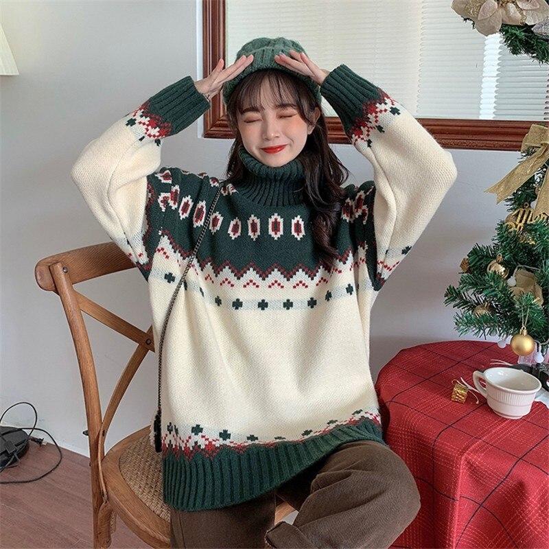 Suéteres navideños Otoño Invierno Sueltos Estilo coreano Cuello alto Suéteres de punto Casuales Manga larga Suéteres de jersey gruesos