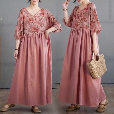 Cotton and Linen Summer Patchwork Retro Style Dress Long Skirt