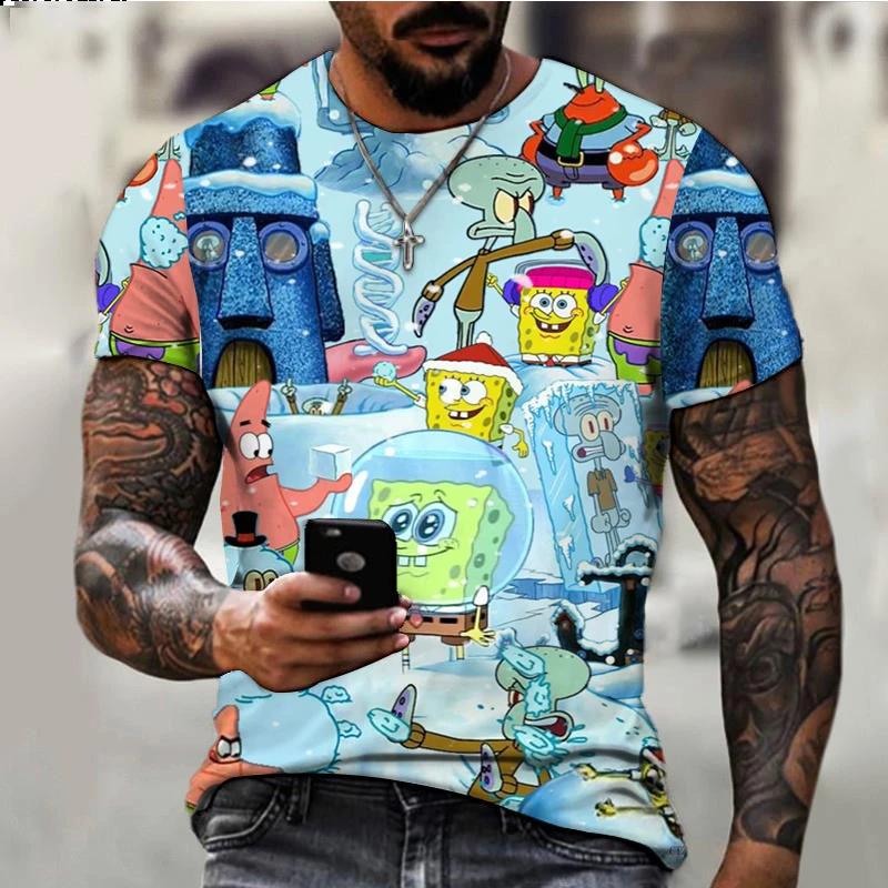 Letní Pánská Trička s Krátkým Rukávem s 3D Kresleným Potiskem Spongeboba s Kulatým Výstřihem