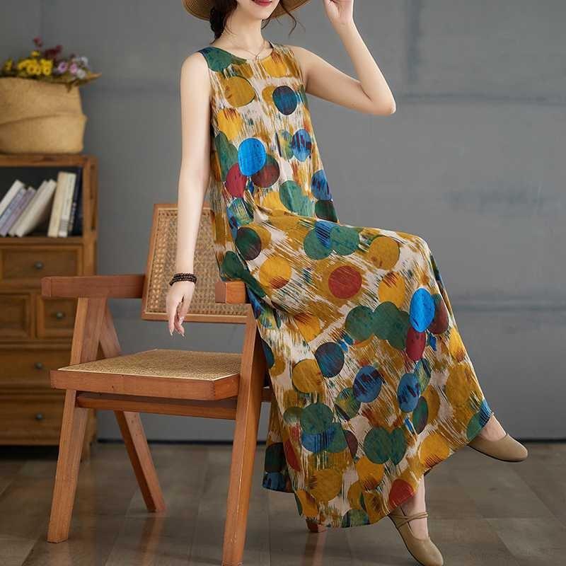 New Long Dresses Summer New Plus Size Sleeveless Round Neck Printed Dresses
