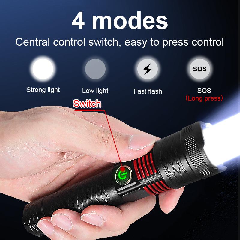 30W Strong Light LED Flashlight High Power Torch 4 Modes Super Bright Rechargeable Lamp Most Powerful Lantern Waterproof Torch Light