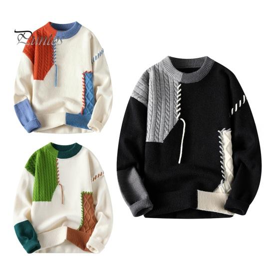 Podzim Zima Muži Svetr Barva Blokování Krájení Design Kulatý výstřih Volný Pletený svetr Silný Teplý Spodní Svetr Běžné Oblečení Práce Seznamka Svetr