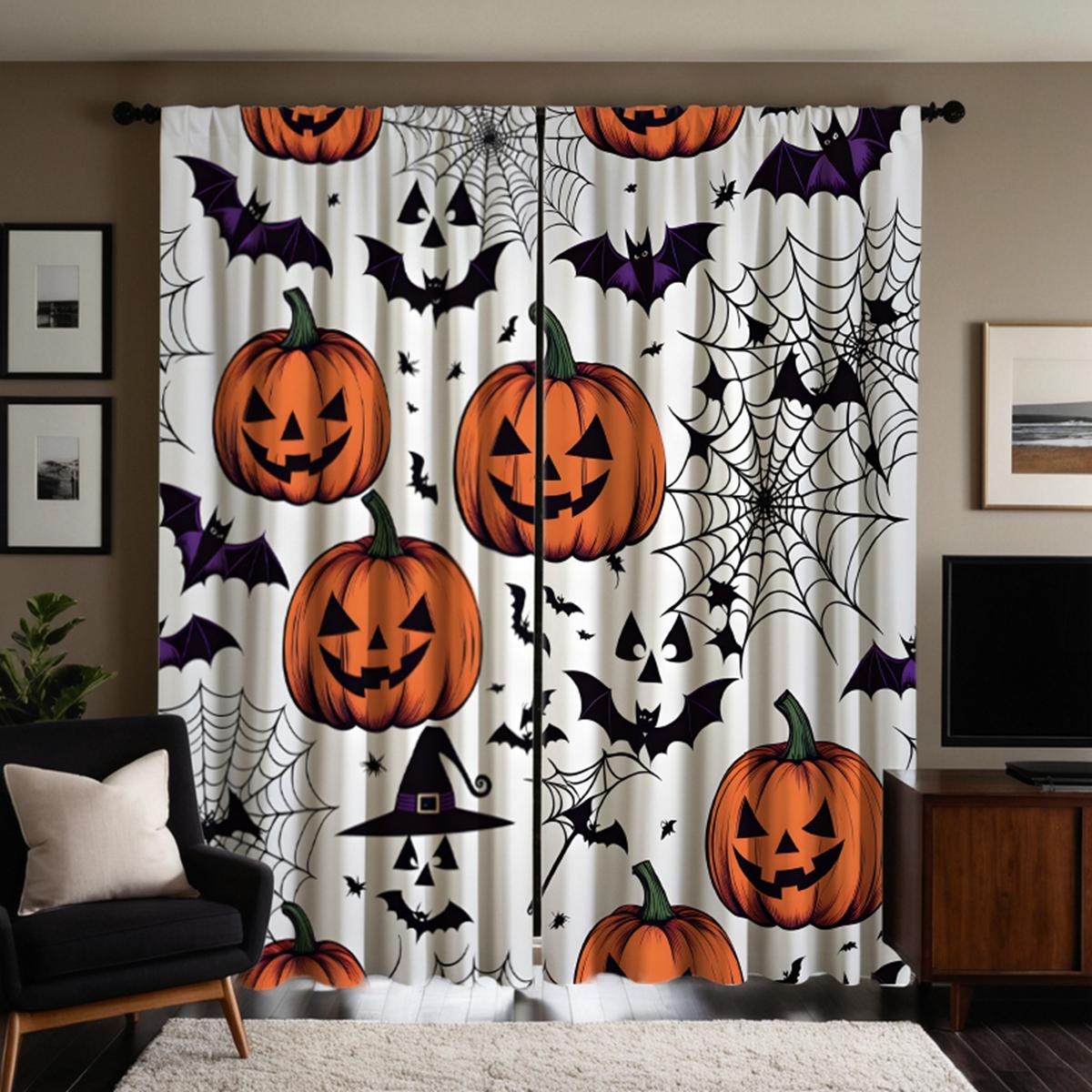 

2 шт. HD Хэллоуин Джек-о -фонарь Паутина Летучая мышь занавеска Белый галстук цифровой печатный занавес Домашний декор стиль Украсьте гостиную W52H63inchW132H160cm