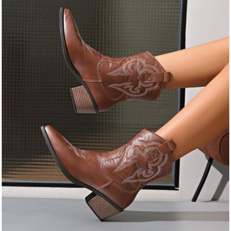 New Western Boo Cowgirl High Knee Boots New Trend Wedge Heels Embroidered Winter Shoes for Women Brown Cowgirl Cowboy Boots
