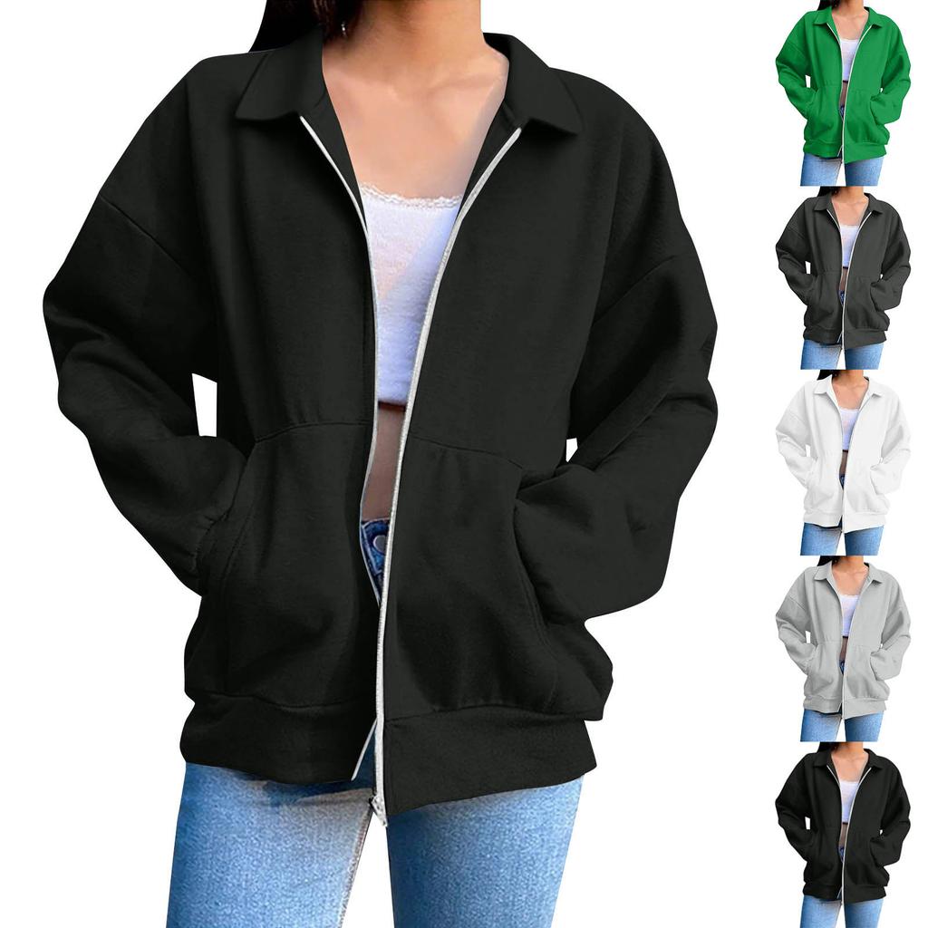 Women's  Fashion Zipper Hoodie Long Sleeve Hooded Pullover Sweatshirt Casual Solid Color Tops With Pockets