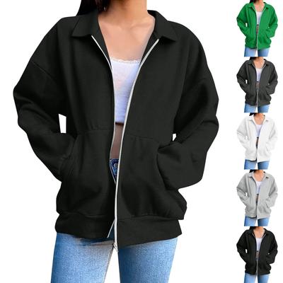 Damenmode Reißverschluss Hoodie Langarm Kapuzenpullover Sweatshirt Lässige einfarbige Oberteile mit Taschen